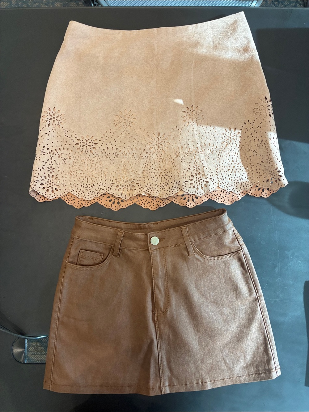 Forever 21 Beige Laser-Cut Mini Skirt & Brown Faux-Leather Mini Skirt